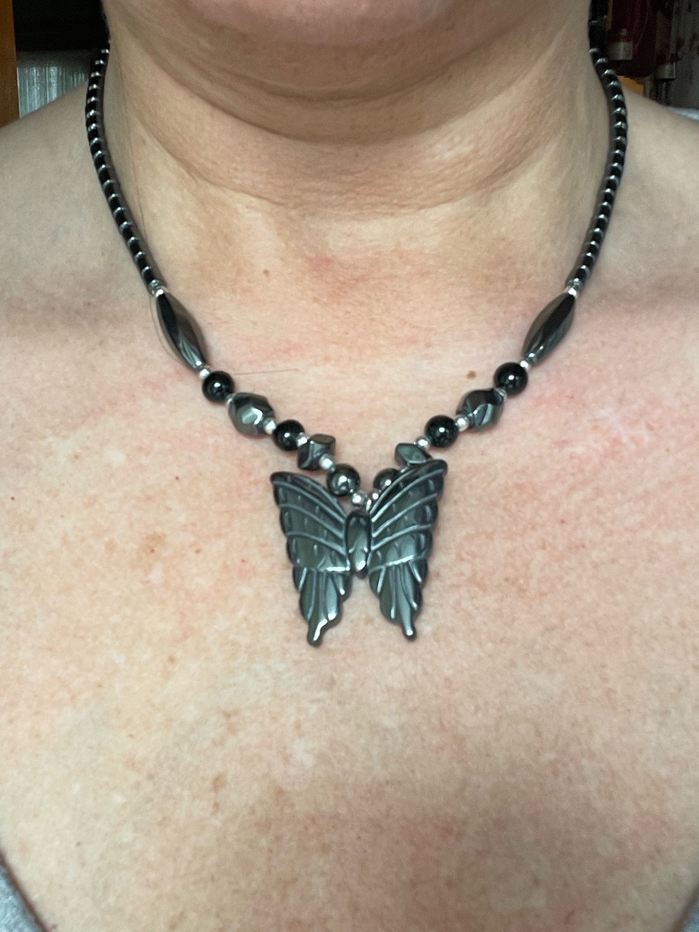 Carved Hematite Butterfly Pendant Statement Necklace